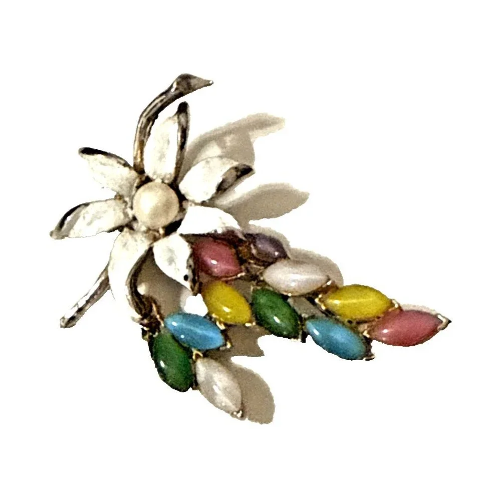 Vintage Floral Brooch Purple Pink Blue Yellow Cabochon White Enamel Pin 2.5